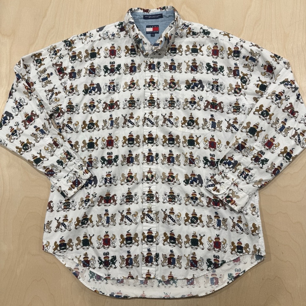 VTG Tommy Hilfiger Mens Large long sleeve button down shirt All Over Crest Logo